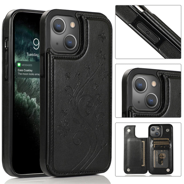 Butterflies Flowers Double Buckle PU + TPU Protective Case with Holder & Card Slots & Photo Frame For iPhone 13 mini(Black)-garmade.com