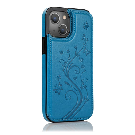 Butterflies Flowers Double Buckle PU + TPU Protective Case with Holder & Card Slots & Photo Frame For iPhone 13 mini(Blue)-garmade.com