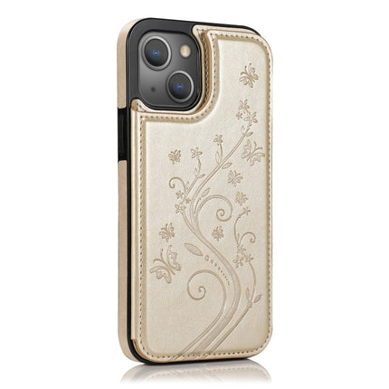Butterflies Flowers Double Buckle PU + TPU Protective Case with Holder & Card Slots & Photo Frame For iPhone 13 mini(Gold)-garmade.com