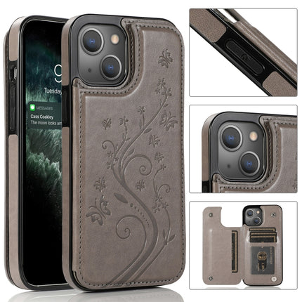 Butterflies Flowers Double Buckle PU + TPU Protective Case with Holder & Card Slots & Photo Frame For iPhone 13 mini(Grey)-garmade.com