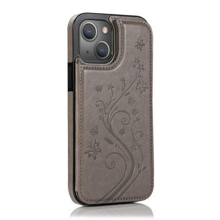 Butterflies Flowers Double Buckle PU + TPU Protective Case with Holder & Card Slots & Photo Frame For iPhone 13 mini(Grey)-garmade.com