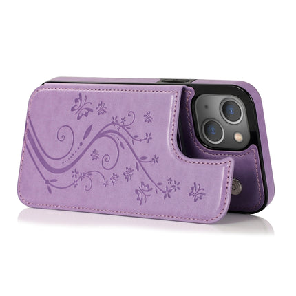 Butterflies Flowers Double Buckle PU + TPU Protective Case with Holder & Card Slots & Photo Frame For iPhone 13 mini(Purple)-garmade.com