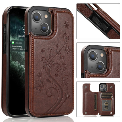 Butterflies Flowers Double Buckle PU + TPU Protective Case with Holder & Card Slots & Photo Frame For iPhone 13 mini(Brown)-garmade.com