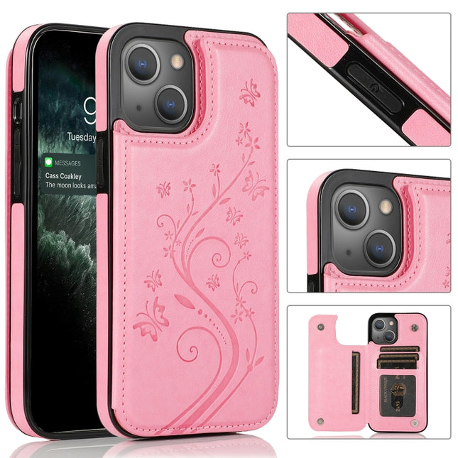 Butterflies Flowers Double Buckle PU + TPU Protective Case with Holder & Card Slots & Photo Frame For iPhone 13 mini(Pink)-garmade.com