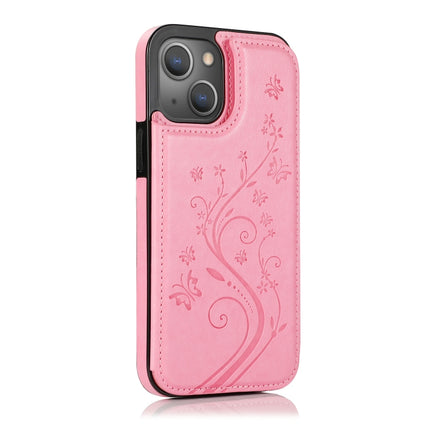 Butterflies Flowers Double Buckle PU + TPU Protective Case with Holder & Card Slots & Photo Frame For iPhone 13 mini(Pink)-garmade.com