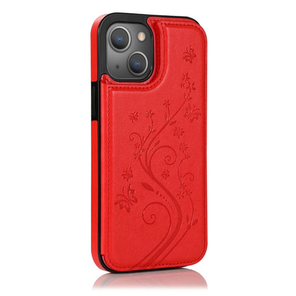 Butterflies Flowers Double Buckle PU + TPU Protective Case with Holder & Card Slots & Photo Frame For iPhone 13 mini(Red)-garmade.com