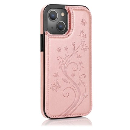 Butterflies Flowers Double Buckle PU + TPU Protective Case with Holder & Card Slots & Photo Frame For iPhone 13 mini(Rose Gold)-garmade.com