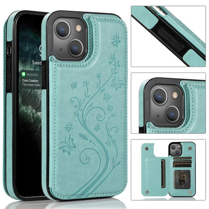 Butterflies Flowers Double Buckle PU + TPU Protective Case with Holder & Card Slots & Photo Frame For iPhone 13 mini(Green)-garmade.com