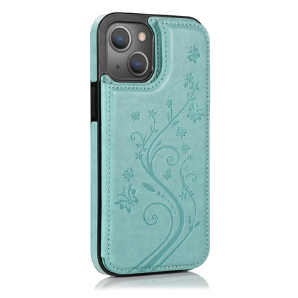 Butterflies Flowers Double Buckle PU + TPU Protective Case with Holder & Card Slots & Photo Frame For iPhone 13 mini(Green)-garmade.com