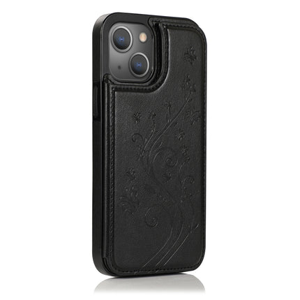 Butterflies Flowers Double Buckle PU + TPU Protective Case with Holder & Card Slots & Photo Frame For iPhone 13(Black)-garmade.com