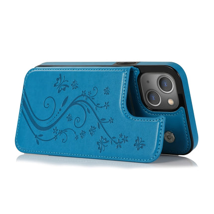 Butterflies Flowers Double Buckle PU + TPU Protective Case with Holder & Card Slots & Photo Frame For iPhone 13(Blue)-garmade.com