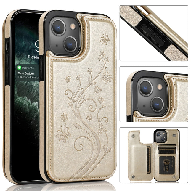 Butterflies Flowers Double Buckle PU + TPU Protective Case with Holder & Card Slots & Photo Frame For iPhone 13(Gold)-garmade.com