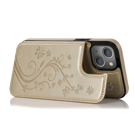 Butterflies Flowers Double Buckle PU + TPU Protective Case with Holder & Card Slots & Photo Frame For iPhone 13(Gold)-garmade.com