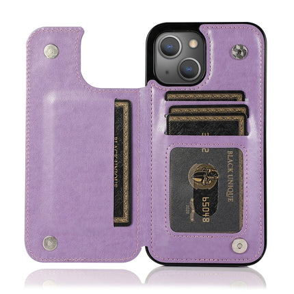 Butterflies Flowers Double Buckle PU + TPU Protective Case with Holder & Card Slots & Photo Frame For iPhone 13(Purple)-garmade.com