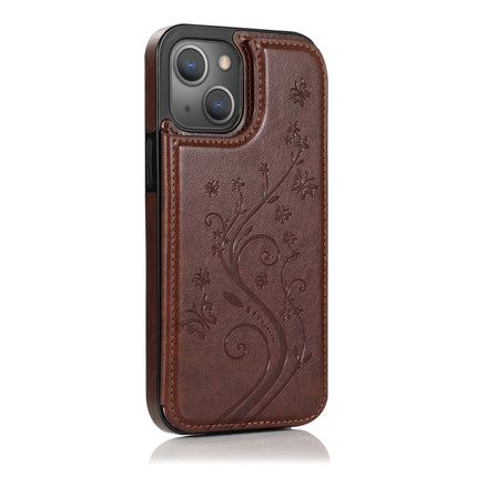 Butterflies Flowers Double Buckle PU + TPU Protective Case with Holder & Card Slots & Photo Frame For iPhone 13(Brown)-garmade.com