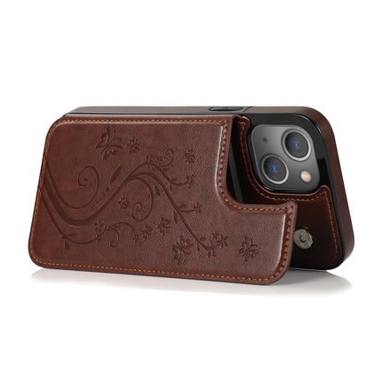 Butterflies Flowers Double Buckle PU + TPU Protective Case with Holder & Card Slots & Photo Frame For iPhone 13(Brown)-garmade.com