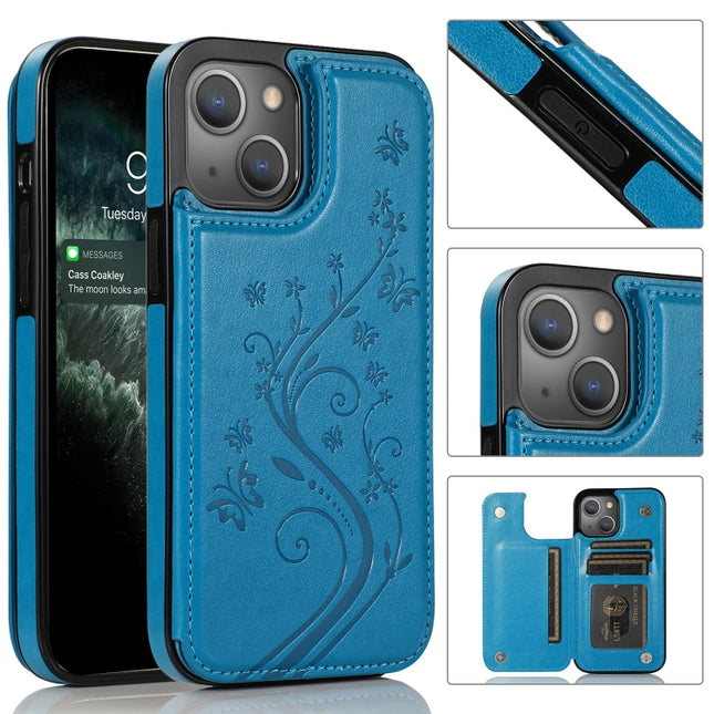 Butterflies Flowers Double Buckle PU + TPU Protective Case with Holder & Card Slots & Photo Frame For iPhone 13 Pro Max(Blue)-garmade.com