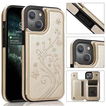 Butterflies Flowers Double Buckle PU + TPU Protective Case with Holder & Card Slots & Photo Frame For iPhone 13 Pro Max(Gold)-garmade.com