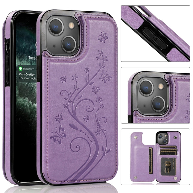 Butterflies Flowers Double Buckle PU + TPU Protective Case with Holder & Card Slots & Photo Frame For iPhone 13 Pro Max(Purple)-garmade.com