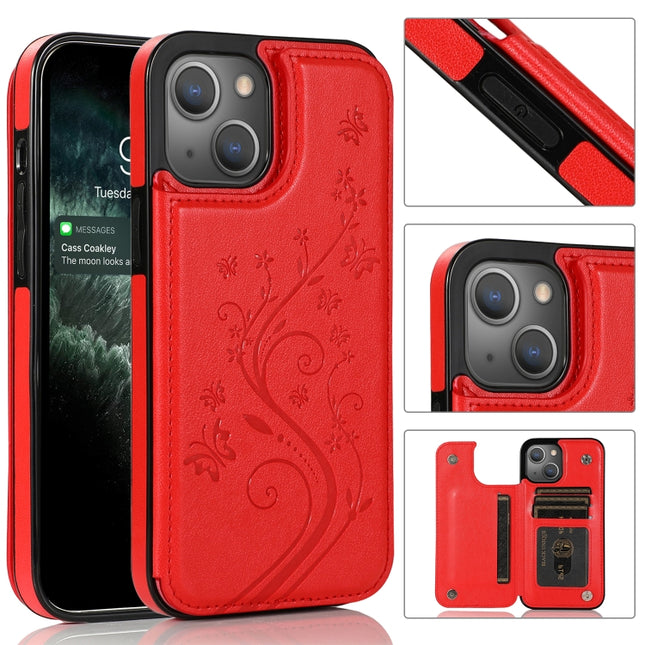 Butterflies Flowers Double Buckle PU + TPU Protective Case with Holder & Card Slots & Photo Frame For iPhone 13 Pro Max(Red)-garmade.com