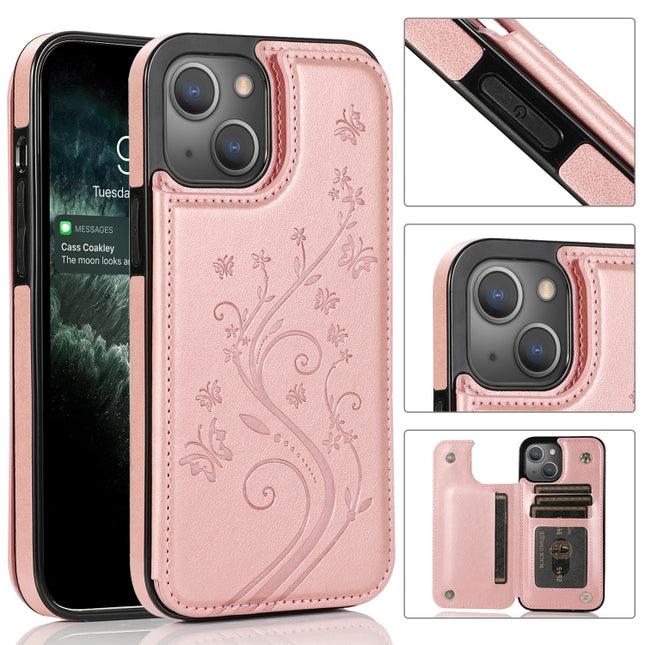 Butterflies Flowers Double Buckle PU + TPU Protective Case with Holder & Card Slots & Photo Frame For iPhone 13 Pro Max(Rose Gold)-garmade.com