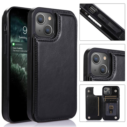 Double Buckle Shockproof PU Protective Case with Card Slots & Holder For iPhone 13(Black)-garmade.com