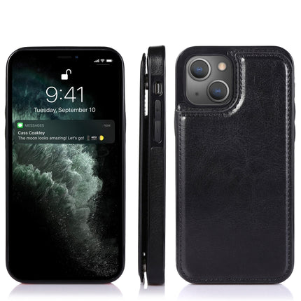 Double Buckle Shockproof PU Protective Case with Card Slots & Holder For iPhone 13(Black)-garmade.com