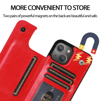 Double Buckle Shockproof PU Protective Case with Card Slots & Holder For iPhone 13(Red)-garmade.com