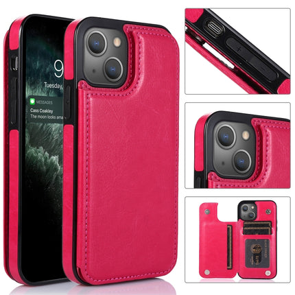 Double Buckle Shockproof PU Protective Case with Card Slots & Holder For iPhone 13(Rose Red)-garmade.com