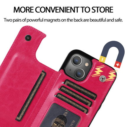 Double Buckle Shockproof PU Protective Case with Card Slots & Holder For iPhone 13(Rose Red)-garmade.com