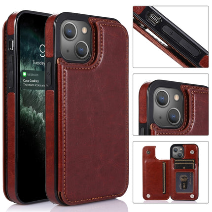 Double Buckle Shockproof PU Protective Case with Card Slots & Holder For iPhone 13 Mini(Brown)-garmade.com