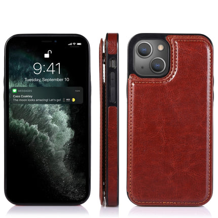 Double Buckle Shockproof PU Protective Case with Card Slots & Holder For iPhone 13 Mini(Brown)-garmade.com