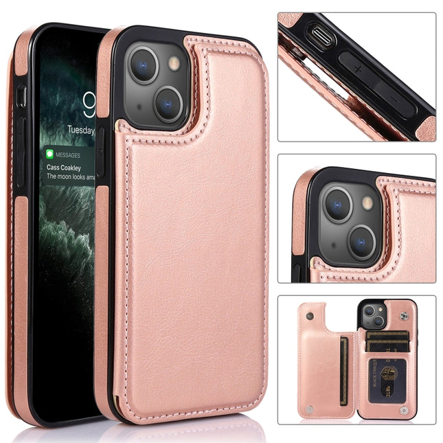 Double Buckle Shockproof PU Protective Case with Card Slots & Holder For iPhone 13 Mini(Rose Gold)-garmade.com