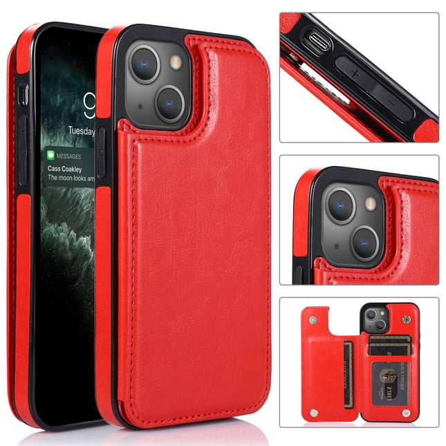 Double Buckle Shockproof PU Protective Case with Card Slots & Holder For iPhone 13 Pro Max(Red)-garmade.com