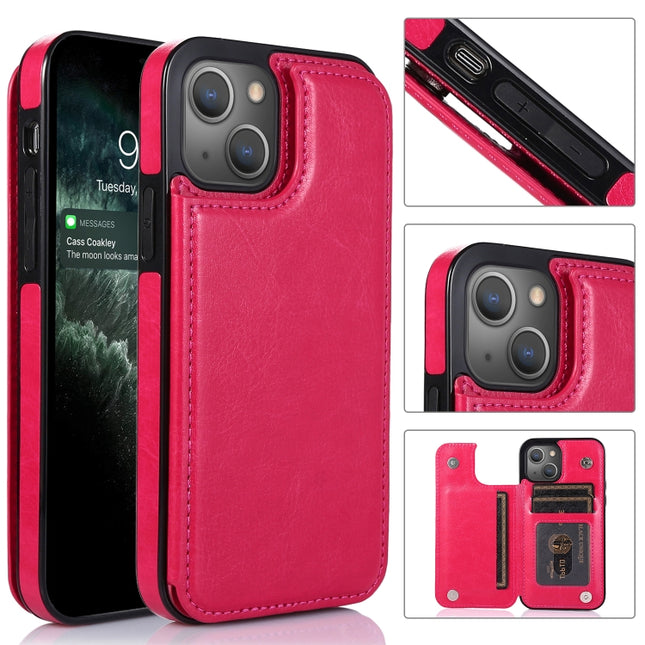 Double Buckle Shockproof PU Protective Case with Card Slots & Holder For iPhone 13 Pro Max(Rose Red)-garmade.com