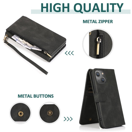 Skin-feel Crazy Horse Texture Zipper Wallet Bag Horizontal Flip Leather Case with Holder & Card Slots & Wallet & Lanyard For iPhone 13 mini(Black)-garmade.com