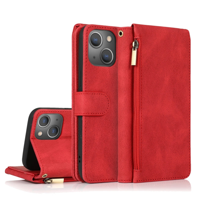 Skin-feel Crazy Horse Texture Zipper Wallet Bag Horizontal Flip Leather Case with Holder & Card Slots & Wallet & Lanyard For iPhone 13 mini(Red)-garmade.com