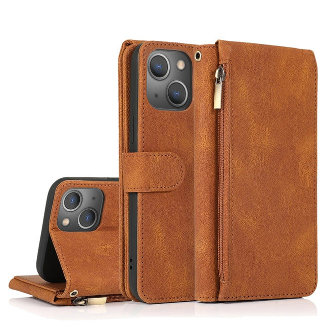 Skin-feel Crazy Horse Texture Zipper Wallet Bag Horizontal Flip Leather Case with Holder & Card Slots & Wallet & Lanyard For iPhone 13 mini(Brown)-garmade.com