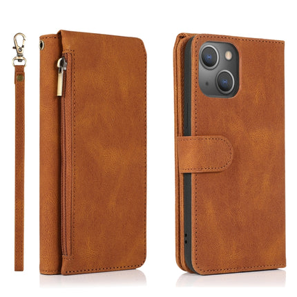 Skin-feel Crazy Horse Texture Zipper Wallet Bag Horizontal Flip Leather Case with Holder & Card Slots & Wallet & Lanyard For iPhone 13 mini(Brown)-garmade.com