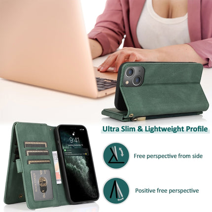 Skin-feel Crazy Horse Texture Zipper Wallet Bag Horizontal Flip Leather Case with Holder & Card Slots & Wallet & Lanyard For iPhone 13(Dark Green)-garmade.com