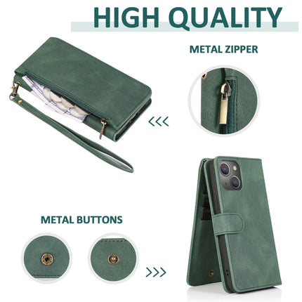 Skin-feel Crazy Horse Texture Zipper Wallet Bag Horizontal Flip Leather Case with Holder & Card Slots & Wallet & Lanyard For iPhone 13(Dark Green)-garmade.com