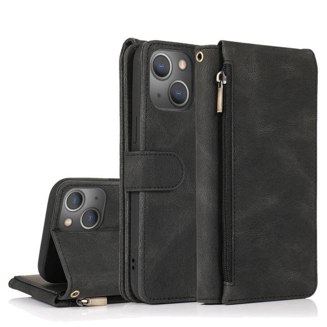 Skin-feel Crazy Horse Texture Zipper Wallet Bag Horizontal Flip Leather Case with Holder & Card Slots & Wallet & Lanyard For iPhone 13(Black)-garmade.com