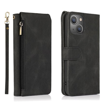 Skin-feel Crazy Horse Texture Zipper Wallet Bag Horizontal Flip Leather Case with Holder & Card Slots & Wallet & Lanyard For iPhone 13(Black)-garmade.com