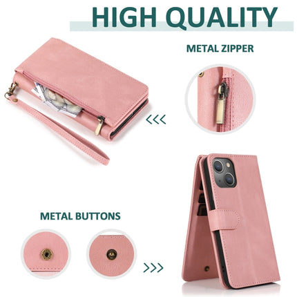 Skin-feel Crazy Horse Texture Zipper Wallet Bag Horizontal Flip Leather Case with Holder & Card Slots & Wallet & Lanyard For iPhone 13(Rose Gold)-garmade.com