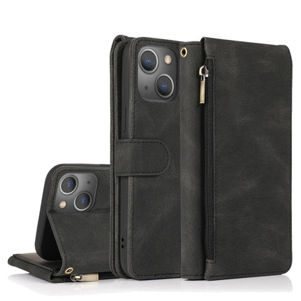 Skin-feel Crazy Horse Texture Zipper Wallet Bag Horizontal Flip Leather Case with Holder & Card Slots & Wallet & Lanyard For iPhone 13 Pro(Black)-garmade.com