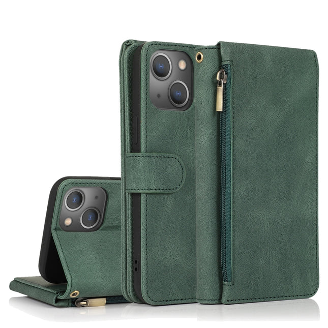 Skin-feel Crazy Horse Texture Zipper Wallet Bag Horizontal Flip Leather Case with Holder & Card Slots & Wallet & Lanyard For iPhone 13 Pro Max(Dark Green)-garmade.com