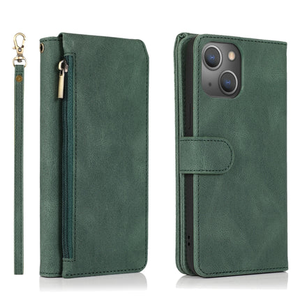 Skin-feel Crazy Horse Texture Zipper Wallet Bag Horizontal Flip Leather Case with Holder & Card Slots & Wallet & Lanyard For iPhone 13 Pro Max(Dark Green)-garmade.com