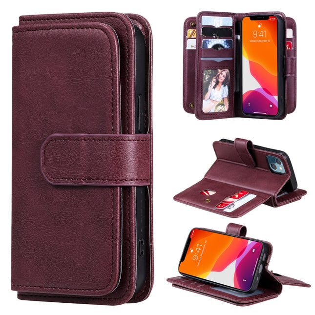 Multifunctional Magnetic Copper Buckle Horizontal Flip Solid Color Leather Case with 10 Card Slots & Wallet & Holder & Photo Frame For iPhone 13 mini(Wine Red)-garmade.com
