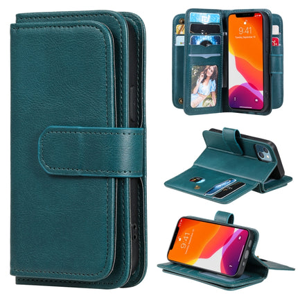 Multifunctional Magnetic Copper Buckle Horizontal Flip Solid Color Leather Case with 10 Card Slots & Wallet & Holder & Photo Frame For iPhone 13 mini(Dark Green)-garmade.com