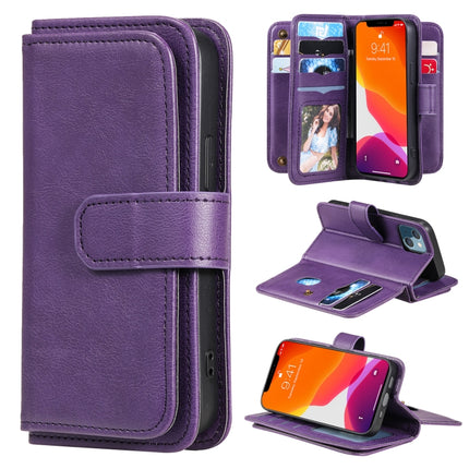 Multifunctional Magnetic Copper Buckle Horizontal Flip Solid Color Leather Case with 10 Card Slots & Wallet & Holder & Photo Frame For iPhone 13 mini(Purple)-garmade.com